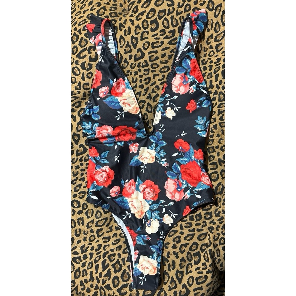 NEW Women's Floral Print Deep V‎ Ruffle Strap Cheeky One Piece Swimsuit, Medium